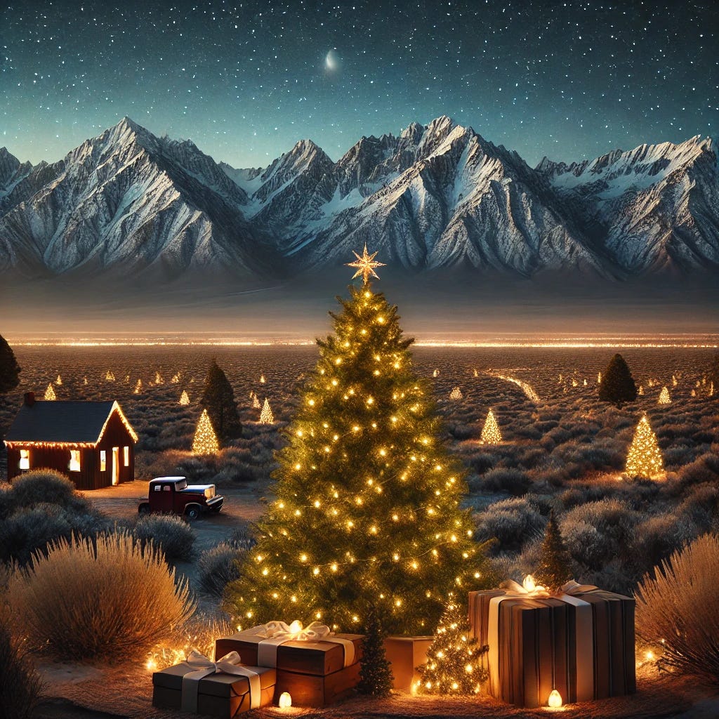 A serene and picturesque Christmas scene in Nevada, featuring snow-capped mountains, a quiet desert landscape with subtle holiday lights, and a peaceful, starry night sky. In the foreground, a glowing Christmas tree adorned with simple, warm lights and decorations. The atmosphere is tranquil, evoking feelings of hope, love, and unity. No text or words, just the visual representation of Christmas in Nevada's unique beauty.