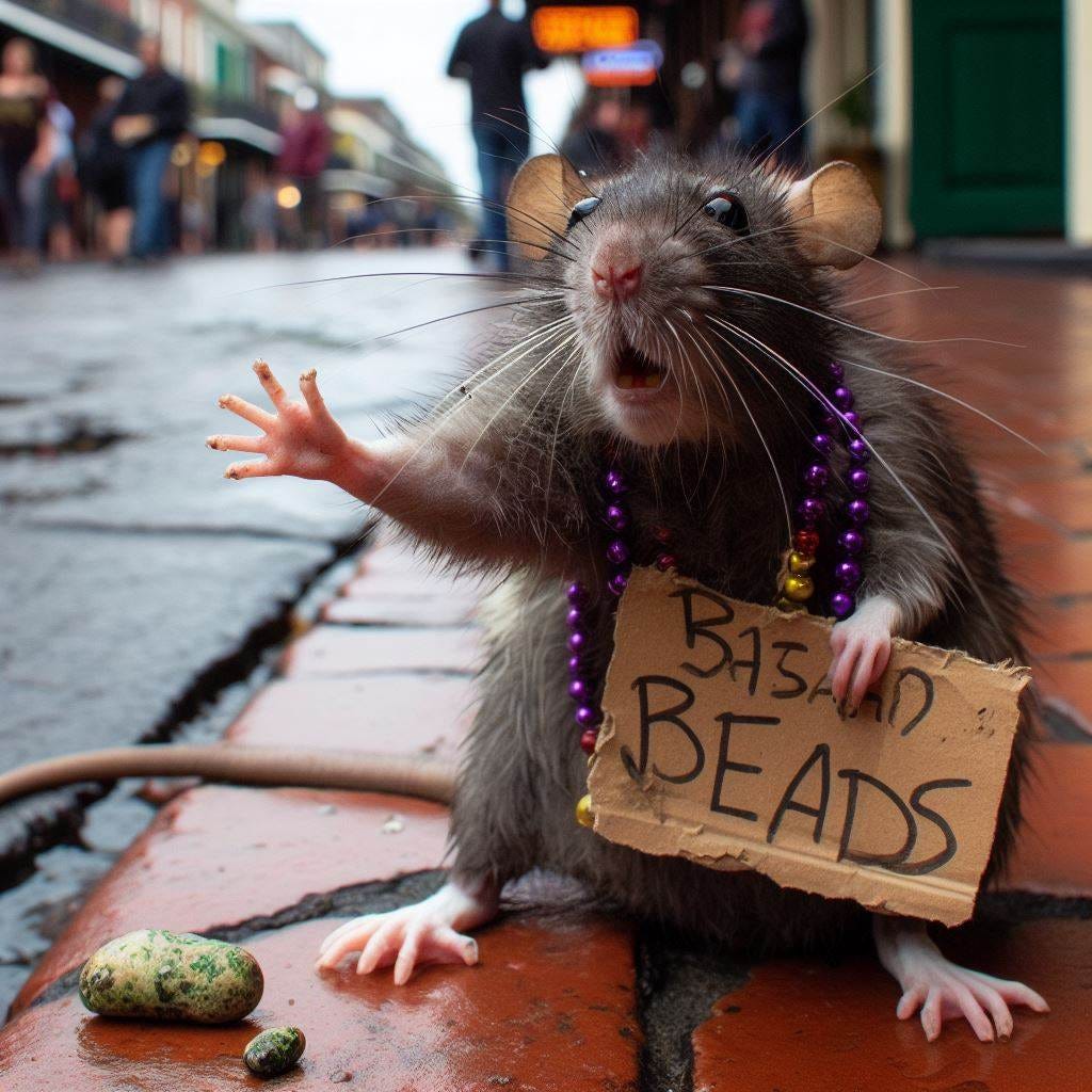 Stoned rat on bourbon street asking for beads