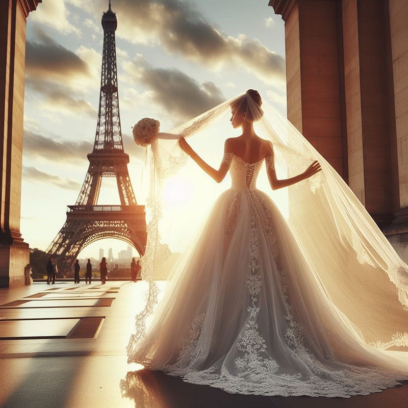 Lady in a wedding dress looking over at the Eiffel Tower.