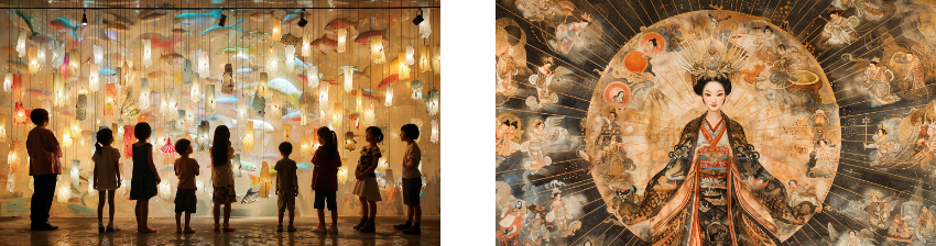 Interior of a room with children looking at a ceiling installation of hanging colorful fish lanterns, and a traditional painting of a woman in regal attire surrounded by historical and mythical scenes.