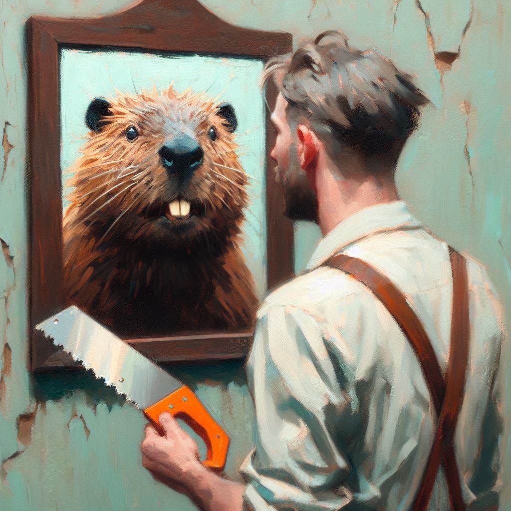 A man holding a saw looks into a mirror. His reflection is a beaver. Slight Impressionist style.