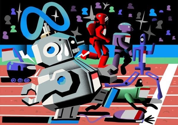 A group of colorful figures are racing on a track. The smallest one crosses the finish line first, beating out competitors including a large figure with the Meta logo above its head.