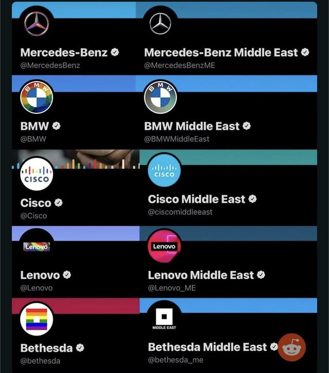 Screenshots of Twitter accounts of Mercedes-Benz, BMW, Cisco, Lenovo and Bethesda, all with rainbow flags, and their Middle East counterparts without rainbow flags. Screenshots of Twitter accounts of Mercedes-Benz, BMW, Cisco, Lenovo and Bethesda, all with rainbow flags, and their Middle East counterparts without rainbow flags.