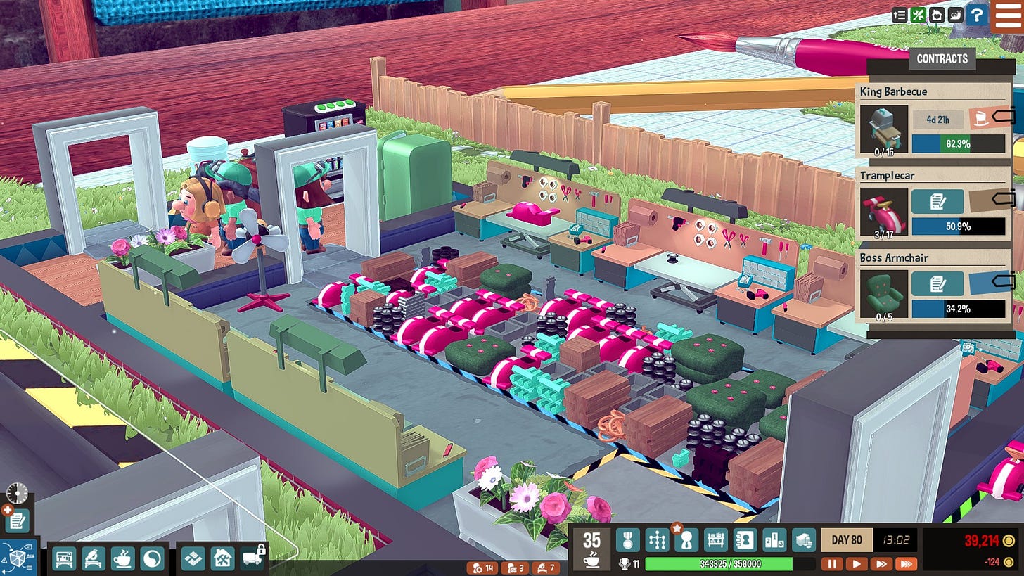 Screenshot uit Little Big Workshop: ruimte met veel rommel en assembly benches.