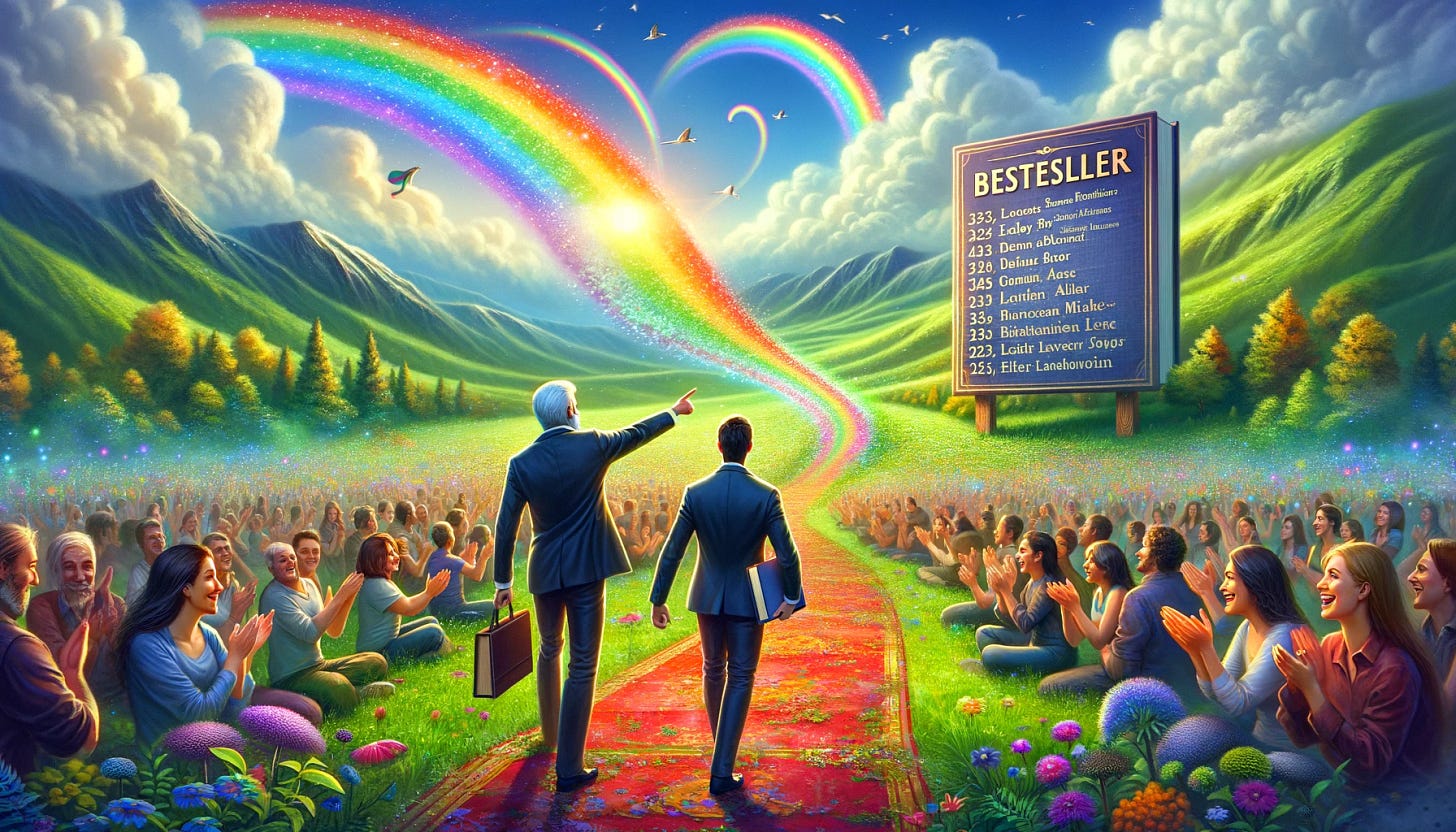 A book publicist leading an author into a magical valley. The valley is filled with vibrant rainbows arching across the sky, enthusiastic audiences clapping and cheering, and giant bestseller lists displayed prominently. The setting is surreal and fantastical, with lush green meadows and colorful flowers. The publicist is pointing ahead, guiding the excited author towards this dreamlike landscape. Both the publicist and author are dressed professionally, the author holding a book in hand. The atmosphere is celebratory and filled with a sense of achievement and wonder.