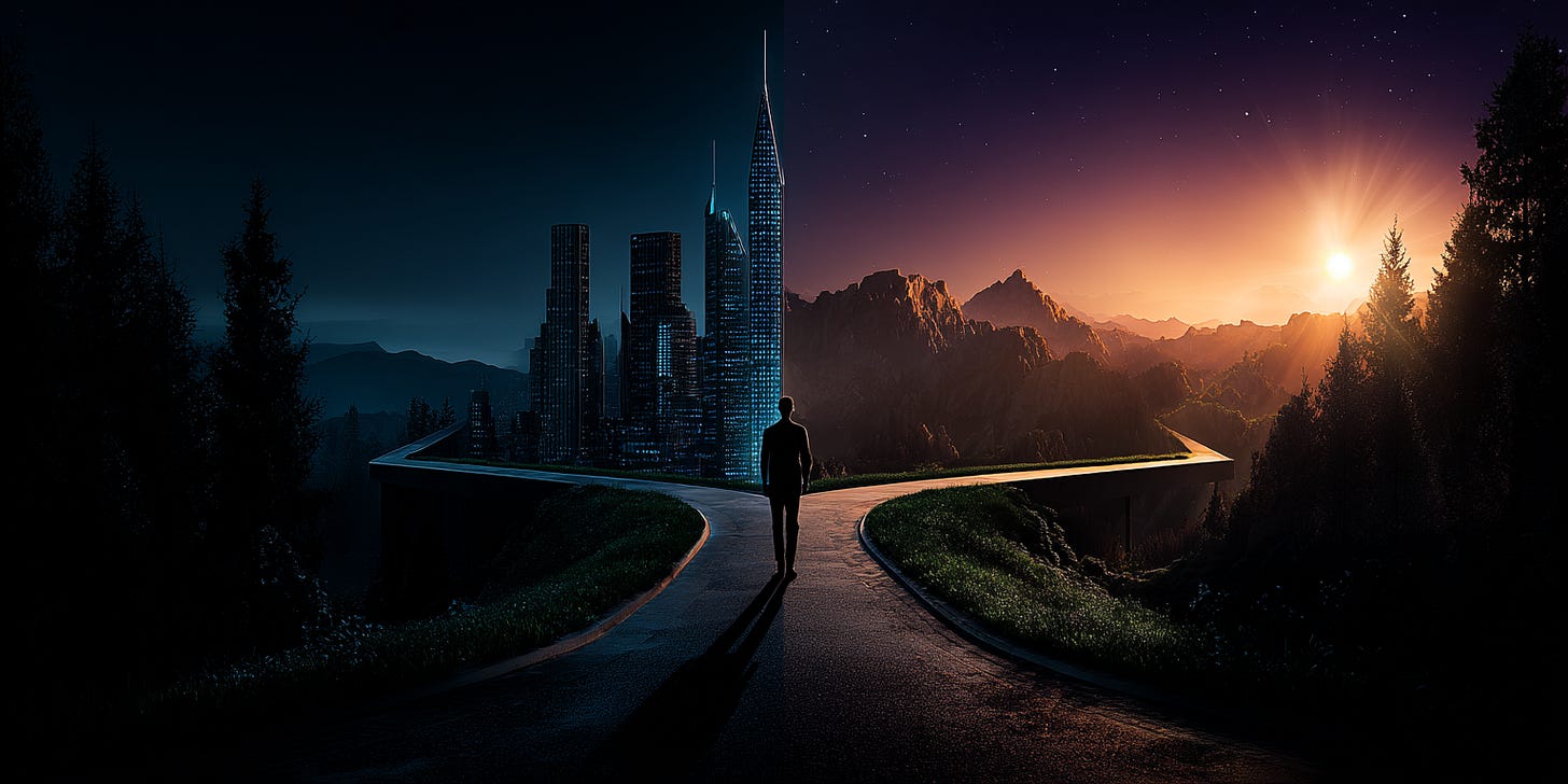 A solitary figure standing at a crossroads where one path leads to a conventional cityscape of office buildings and skyscrapers, while the other path leads to a vibrant landscape with mountains, trees, and a rising sun. 
