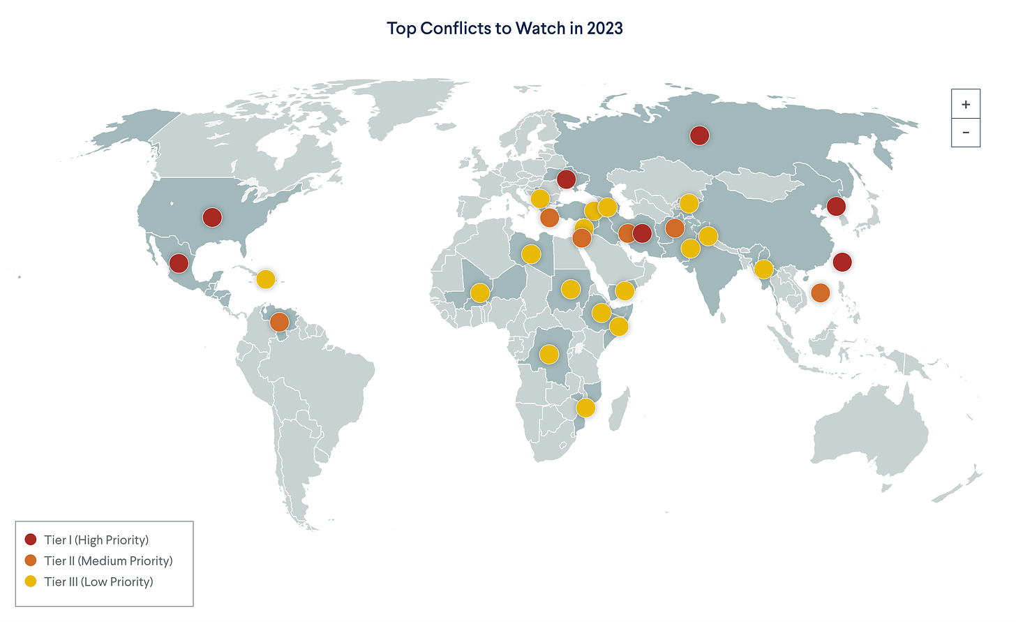 A world map with a heading at the top in black font that reads: “Top Conflicts to Watch in 2023. The background is white. Countries are shown in shades of grey. The darker shades of grey countries are also shown with round red, orange, or yellow dot markers. The countries with no dot markers are light grey. In the bottom left is a key that shows red dots are “High Priority”, orange dots are “Medium Priority”, and yellow dots are “Low Priority”. “High Priority” conflicts are in Russia, Ukraine, Taiwan, Mexico and Central America. “Medium Priority”  conflicts are in eastern Europe (Greece and Turkey), the South China Sea, Venezuela, and the Middle East (Israel/Palestine, Iran, Afghanistan). “Low Priority” conflicts are all over Africa (Libya, Sahel, Sudan, Ethiopia, Somalia, Congo, Mozambique), Haiti, Pakistan, India, Myanmar, Baltic states (Armenia, and Azerbaijan), and eastern Europe (Turkey, Kosovo and Serbia).