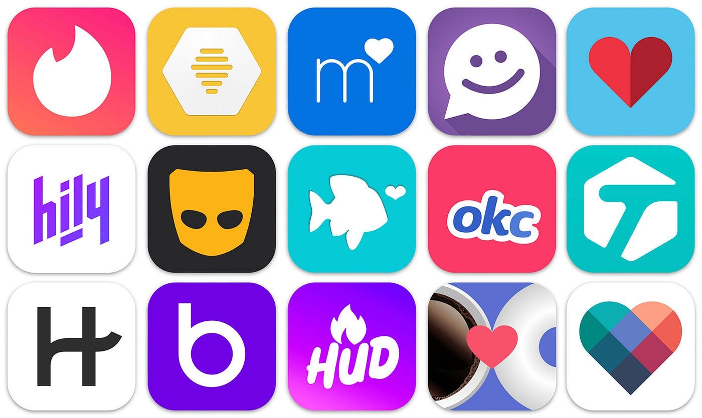  collection of dating app icons, consisting of popular ones such as Tinder, Bumble, Hinge, Grindr, Okcupid etc.