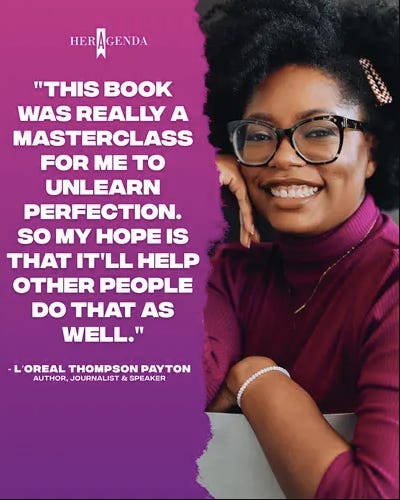 Graphic with purple background and portrait of smiling Black woman wearing a purple turtleneck, afro and glasses.