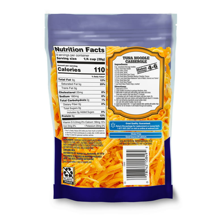 Great Value Shredded Medium Cheddar Cheese, 8 oz