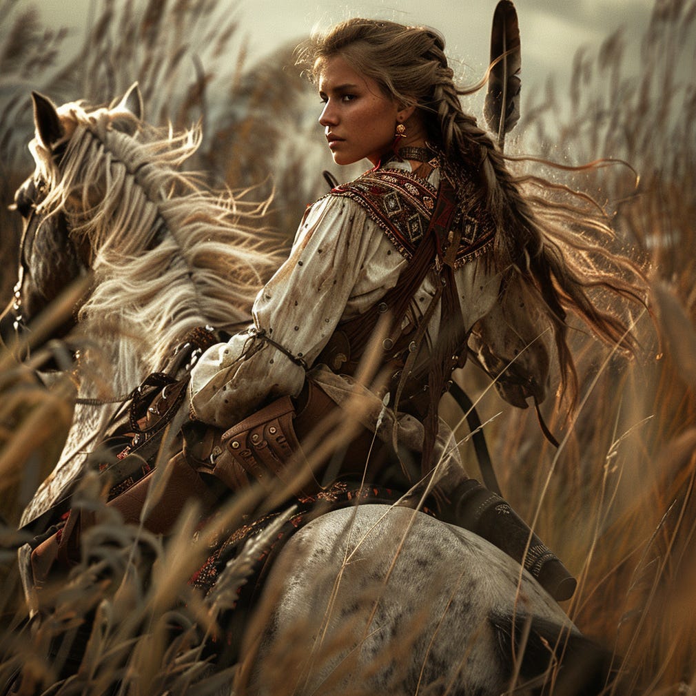 white female on spotted white horse