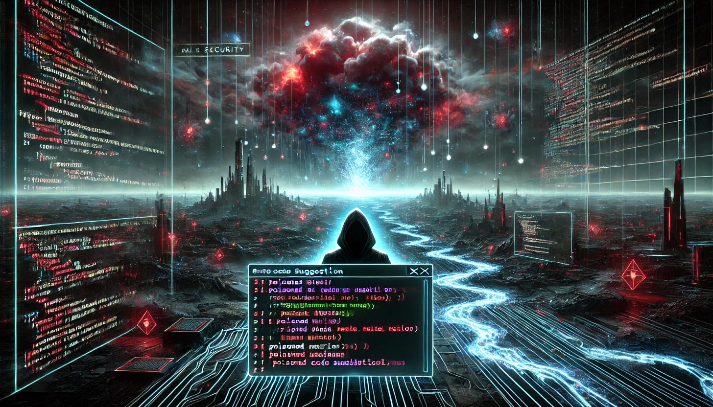 A conceptual digital artwork illustrating the theme of AI security and a poisoned code suggestion tool. The scene shows a surreal, dark futuristic landscape with glowing data streams cascading down a desolate digital valley. In the foreground, a holographic coding assistant appears corrupted, emitting glitched and fragmented code suggestions, with some lines glowing ominously in red and black. The background features towering cyber structures and ominous storm-like digital clouds swirling above, suggesting the gravity of security threats. The palette includes dark blues, blacks, and glowing red highlights. The atmosphere is intense and thought-provoking, perfect for an AI security blog. No text.