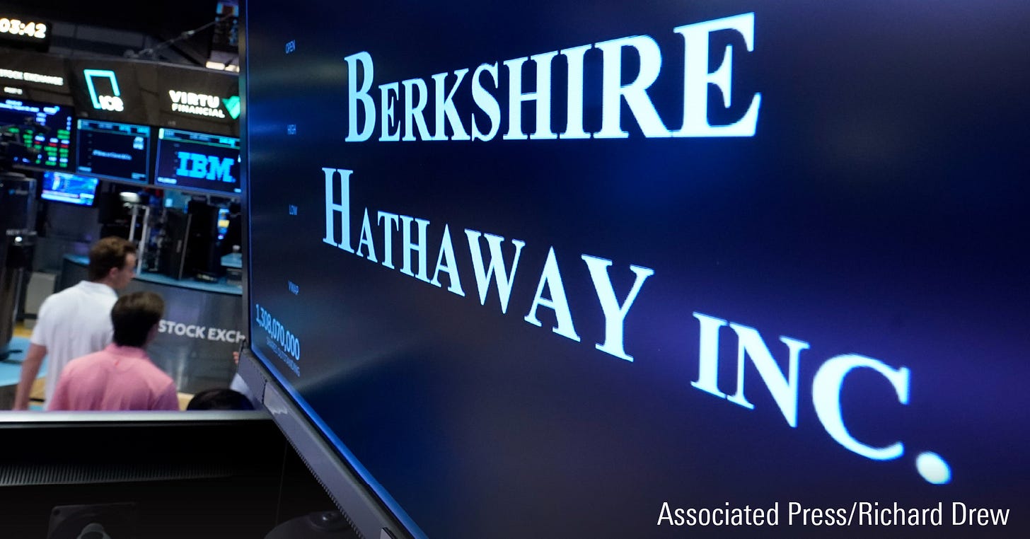 The logo for Berkshire Hathaway Inc. is displayed at a trading post on the floor of the New York Stock Exchange, Aug. 30, 2023. The logo for Berkshire Hathaway Inc. is displayed at a trading post on the floor of the New York Stock Exchange, Aug. 30, 2023.