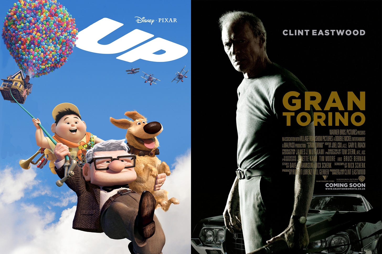 Up (2009) was loosely modeled after Gran Torino (2008) when a Disney  executive felt the company could, "greatly benefit from a child friendly  adaptation of [Gran Torino]." Many changes were made to