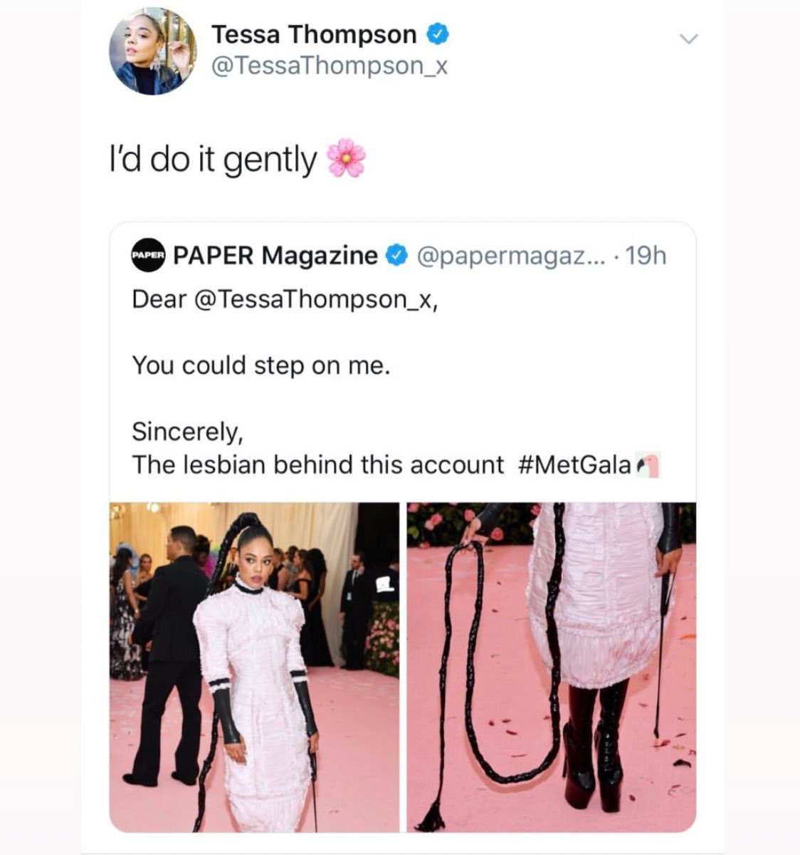 Paper Magazine tweeting that Tessa Thompson could "step on me sincerely, the lesbian behind this account" and Tessa quote tweets with "I'd do it gently"
