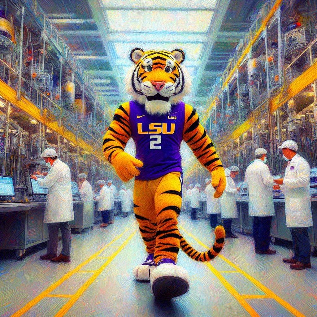 LSU Tigers mascot walking through a national laboratory, impressionism