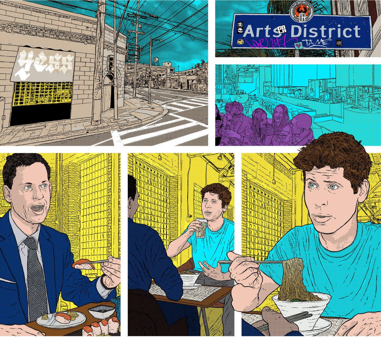 Illustration of Peter Thiel and Sam Altman eating in the Arts District. Illustration of Peter Thiel and Sam Altman eating in the Arts District.