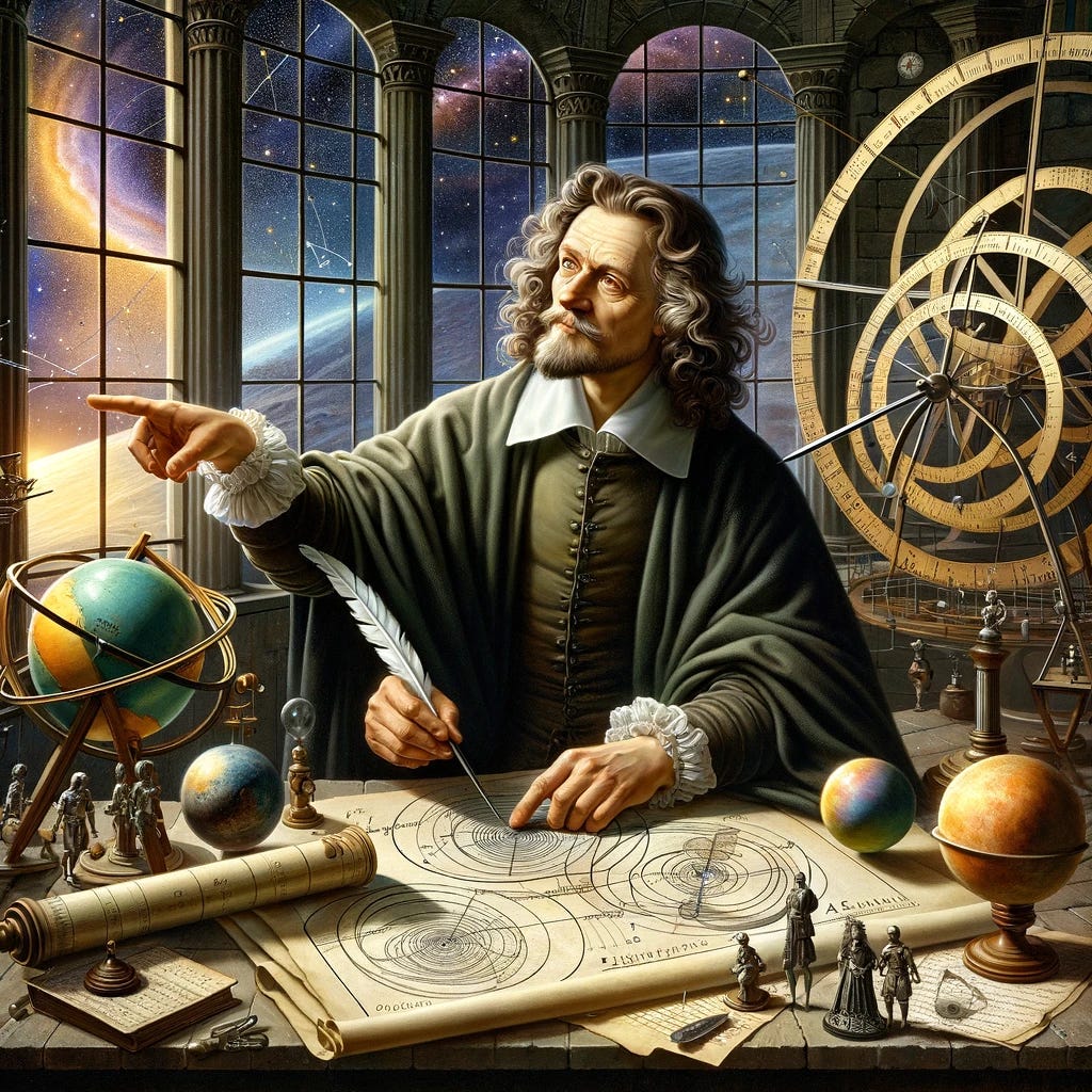 Johannes Kepler in a 17th-century observatory, illustrating his discovery of elliptical planetary orbits. He is surrounded by celestial charts and early astronomical instruments like a sextant and an armillary sphere. Kepler is pointing at a diagram of elliptical orbits on a large scroll, with models of planets arranged around him. He is depicted in deep thought, with a quill in hand, marking observations or calculations. The background includes a nighttime sky viewed through observatory windows, highlighting his cosmic discoveries.