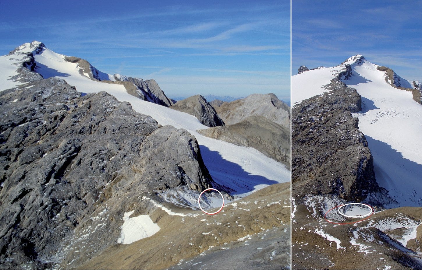 Vista del paso y del campo de hielo (señalado). Queda al borde del glaciar que baja desde el Wildhorn (3248 m).