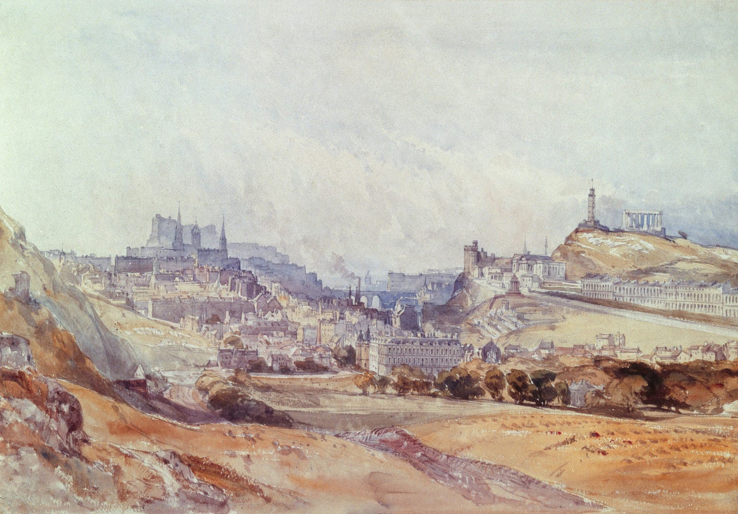 A painting of a city on a hill