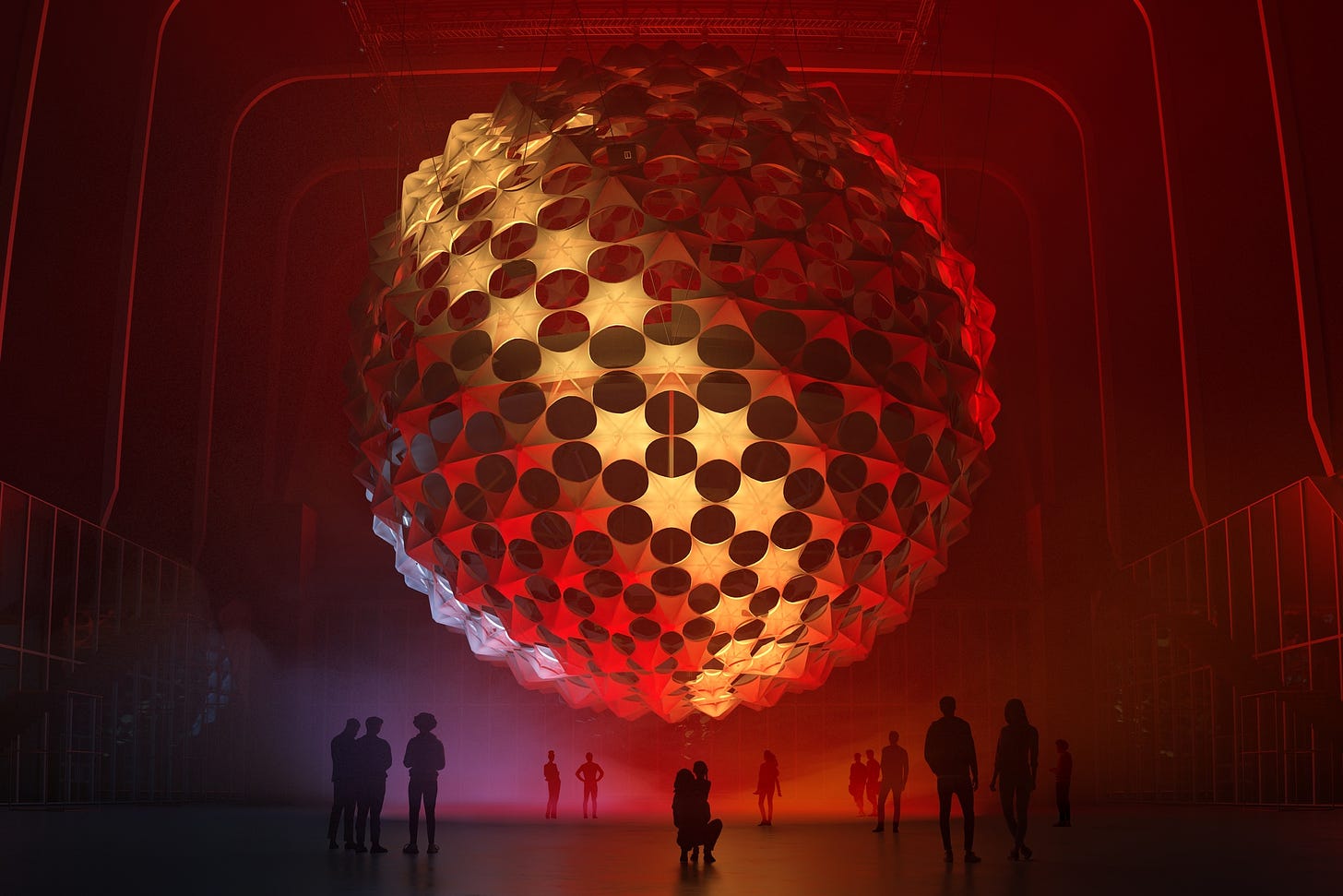 A digital rendering of an enormous spherical concert hall, the Sonic Sphere, in The Shed's McCourt. The sphere is lit in deep red and golden yellow lights. On the floor, visitors stand in small groups looking up at the sphere.