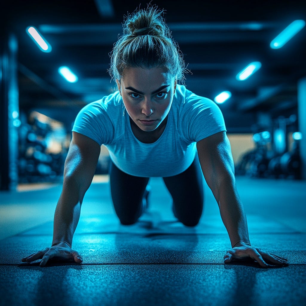 Fit, strong woman with hair tied about to perform push-up test in a dark gym with light blue fluorescent lighting. 