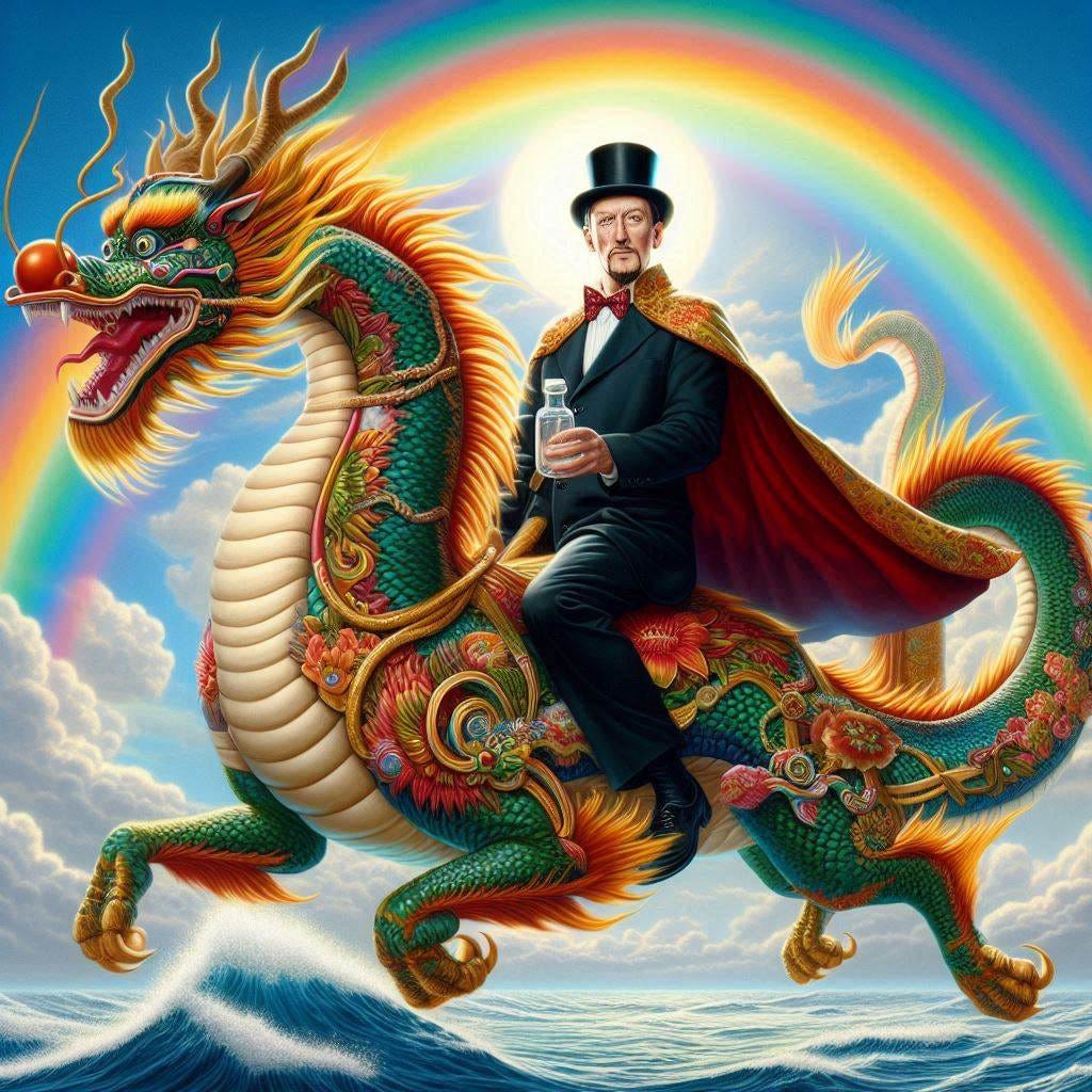 Dr. Strangelove riding astride a glorious magnificent beautiful traditional Chinese dragon the sky is a beautiful bright blue the sun is shining and there is a rainbow arcing across the sky, beautiful vivid full color highly detailed realistic canon photo hyperrealistic photograph