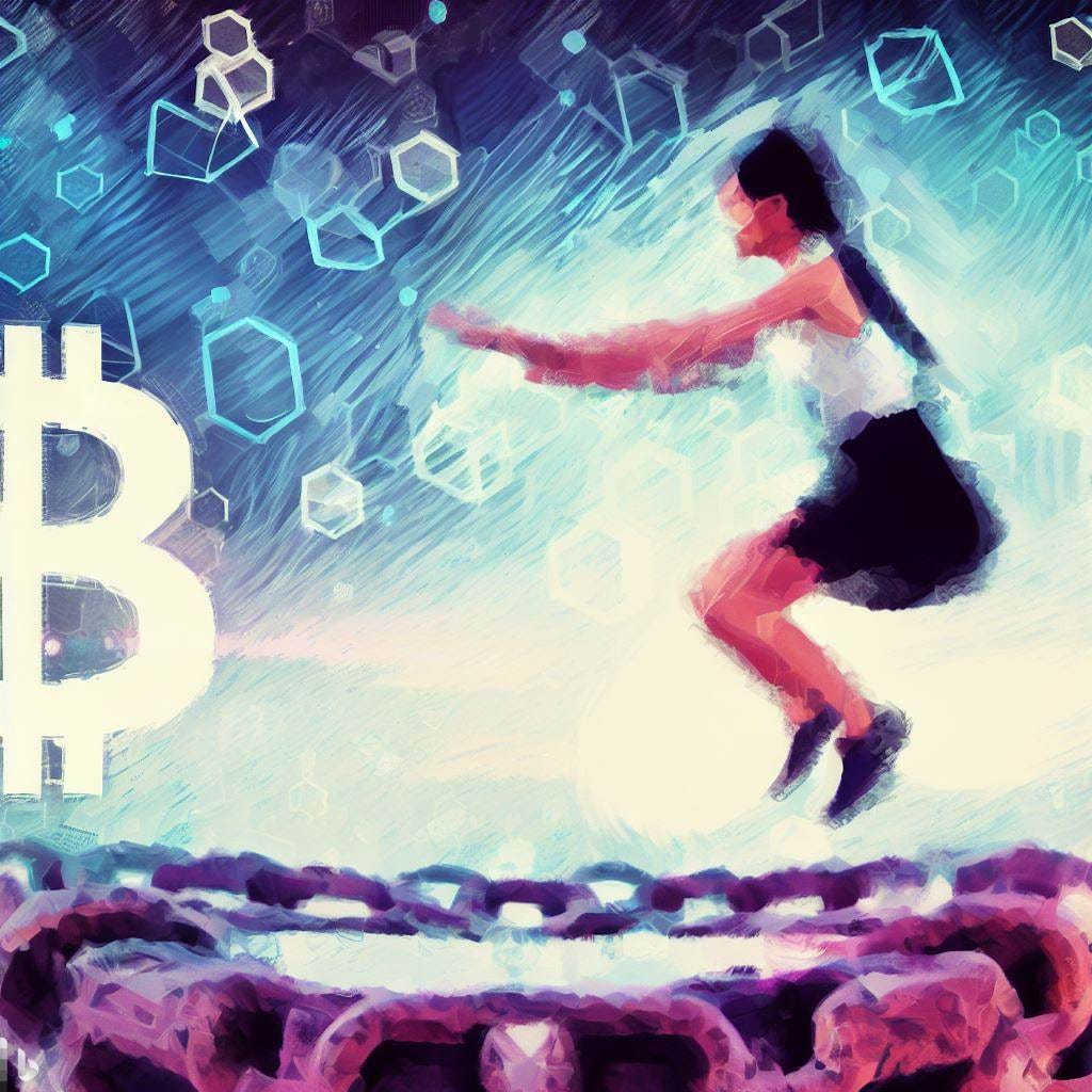 young woman hops onto blockchain impressionist 