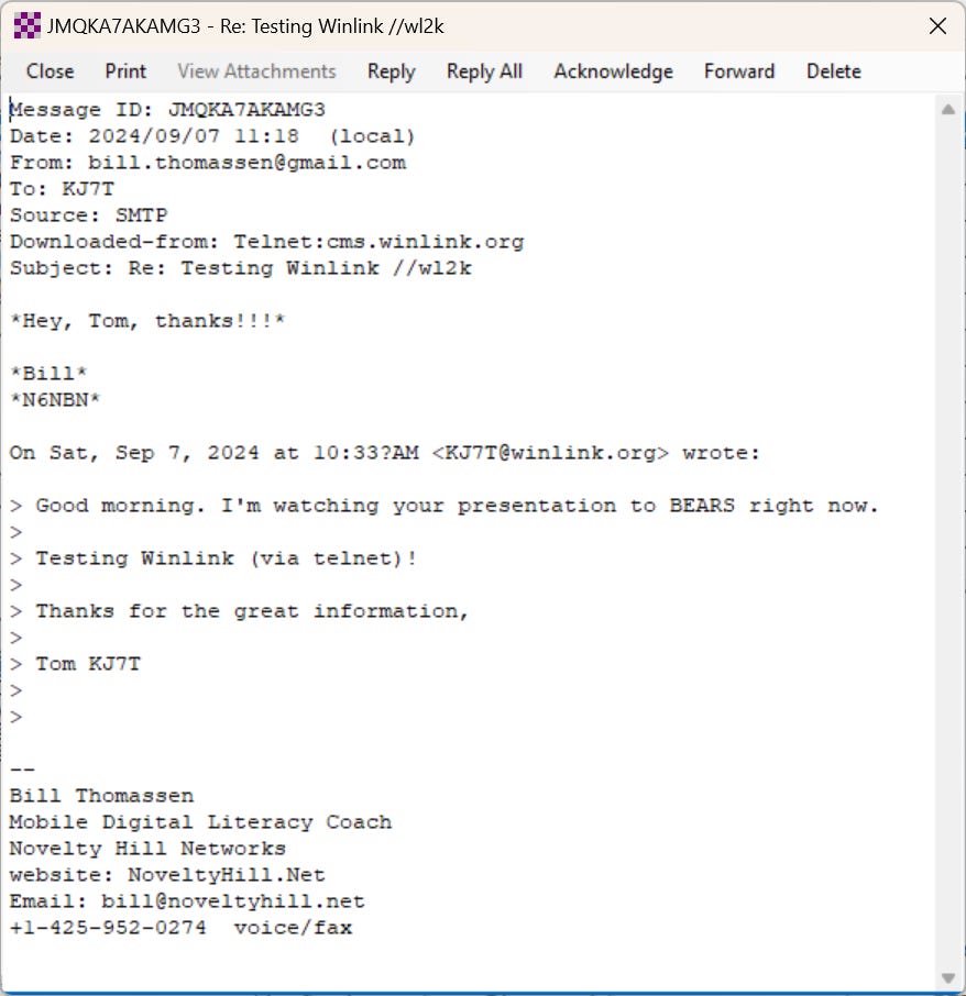 Winlink exchange with Bill Thomassen N6NBN