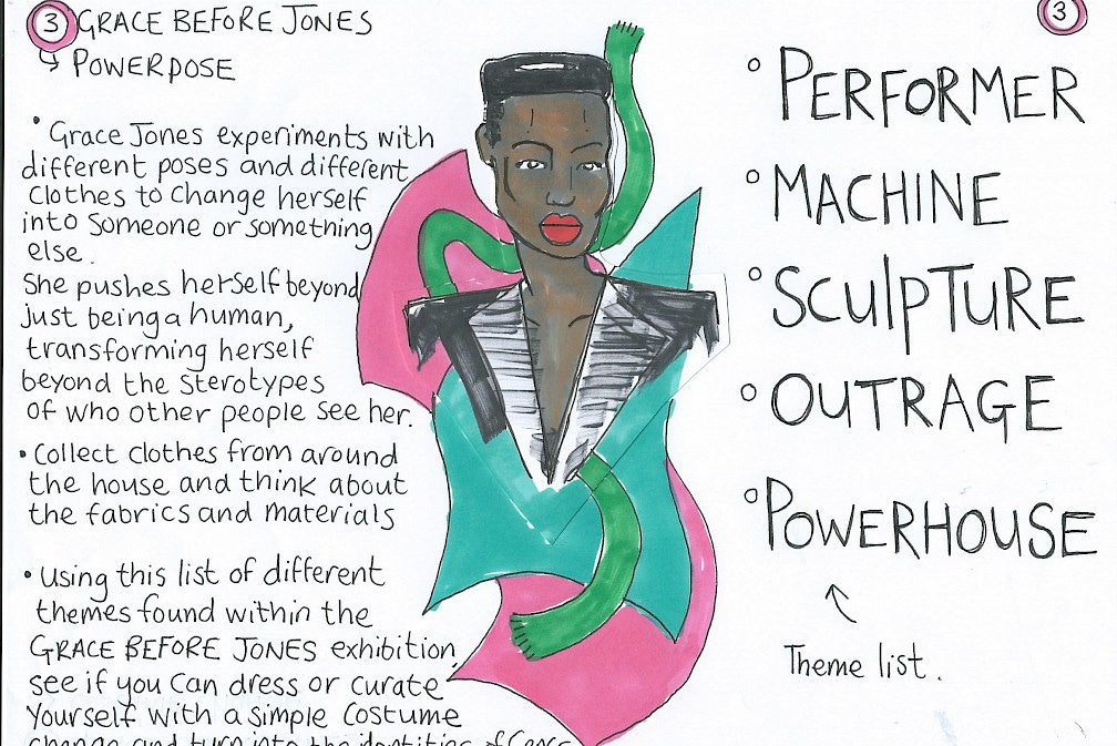 A sheet describing the power pose activity. The sheet reads "Grace Jones experiments with different poses and different clothes to change herself into someone or something else. She pushes herself beyond the stereotypes of who other people see her. Collect clothes from around the house and think about the fabrics and materials." A sheet describing the power pose activity. The sheet reads "Grace Jones experiments with different poses and different clothes to change herself into someone or something else. She pushes herself beyond the stereotypes of who other people see her. Collect clothes from around the house and think about the fabrics and materials."