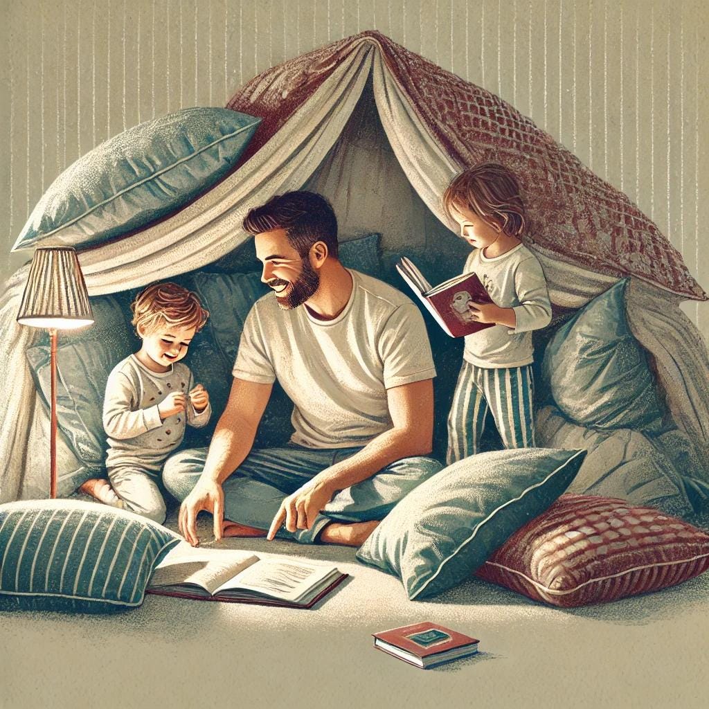 A dad playing in a cozy pillow fort with his kids. The fort is made of blankets and cushions, softly lit to create an inviting atmosphere. The dad is smiling and engaged with his children, who are naturally playing with books and small toys inside the fort.