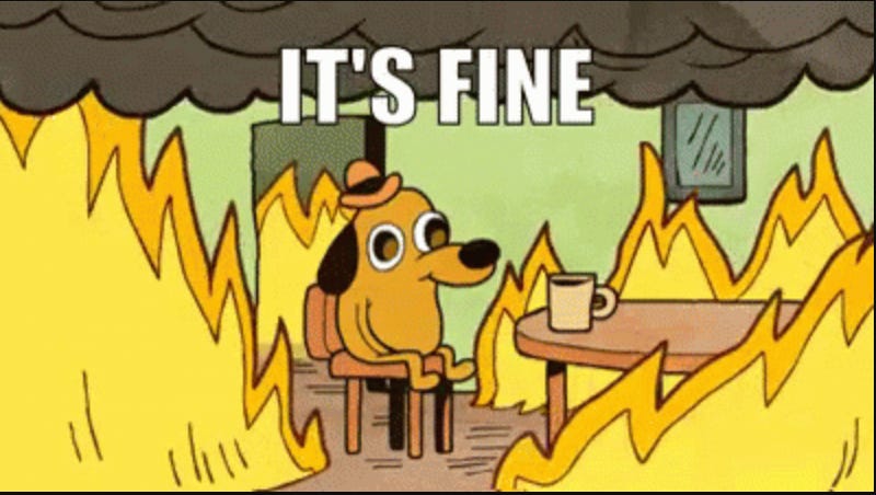 Fire burning all around with billowing smoke indoors, with a cartoon dog sitting at a table with a coffee mug. Text says, "It's fine."