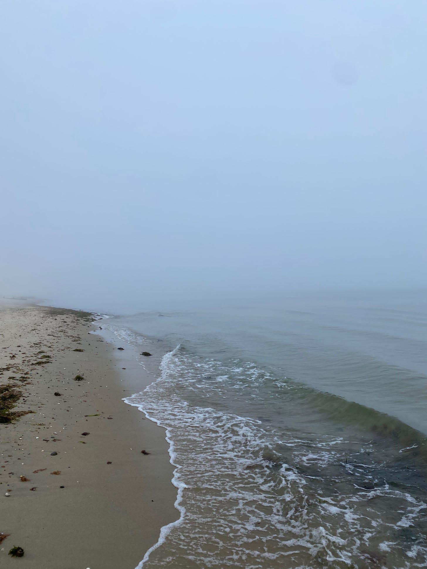 A view down the beach on a foggy day. A wave is breaking on the shore; the horizon is obscured by fog. 
