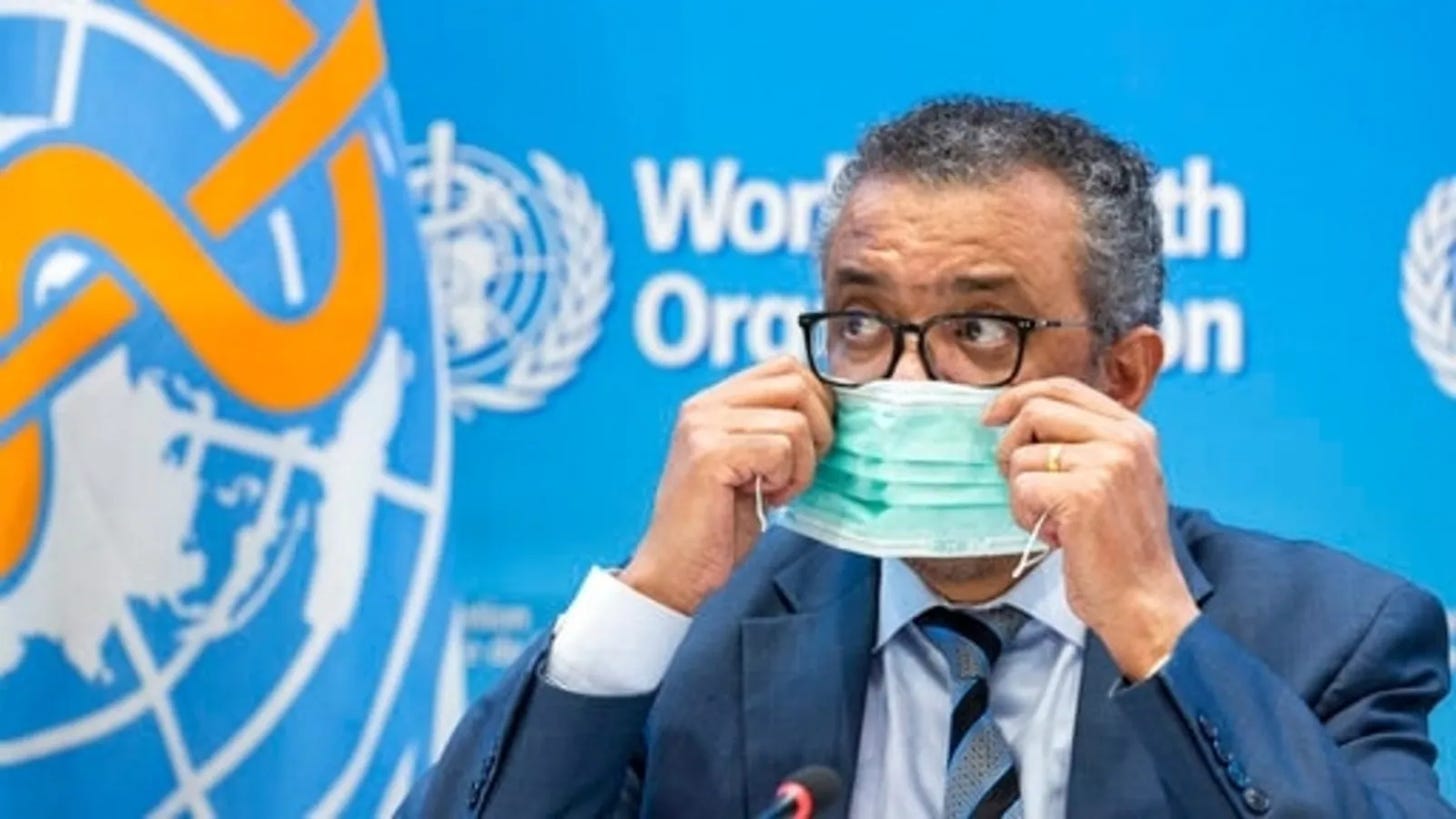 Photo en couleur de Tedros Adhanom Ghebreyesus directeur général de l'Organisation mondiale tenant un masque chirugical devant son nez et sa bouche, derrière lui le drapeau et le logo de l’OMS.