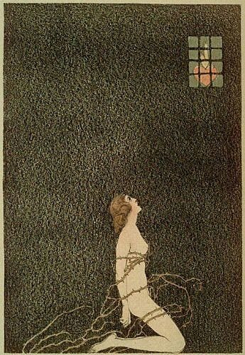 This may contain: a drawing of a woman sitting on the ground in front of a window with chains around her
