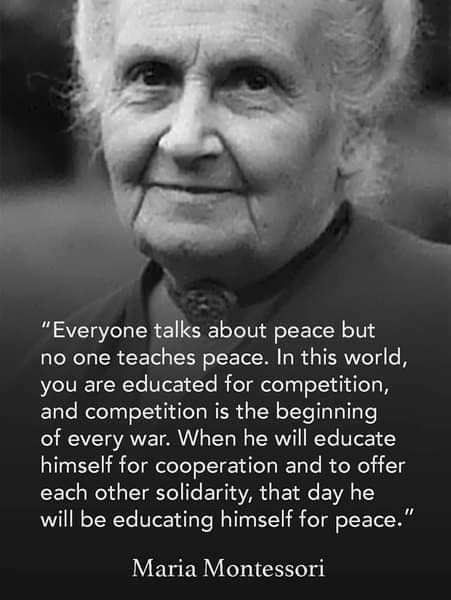 May be an image of 1 person and text that says '"Everyone talks about peace but no one teaches peace. In this world, you are educated for competition, and competition is the beginning of every war. When he will educate himself for cooperation and to offer each other solidarity, that day he will be educating himself for peace." Maria Montessori'