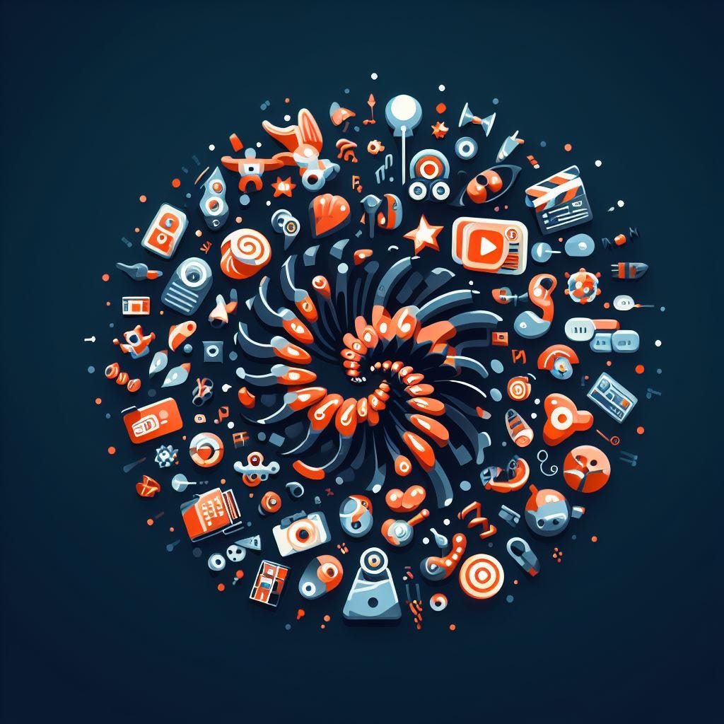A Cambrian Explosion of Content in digital art style with iconography for film and music