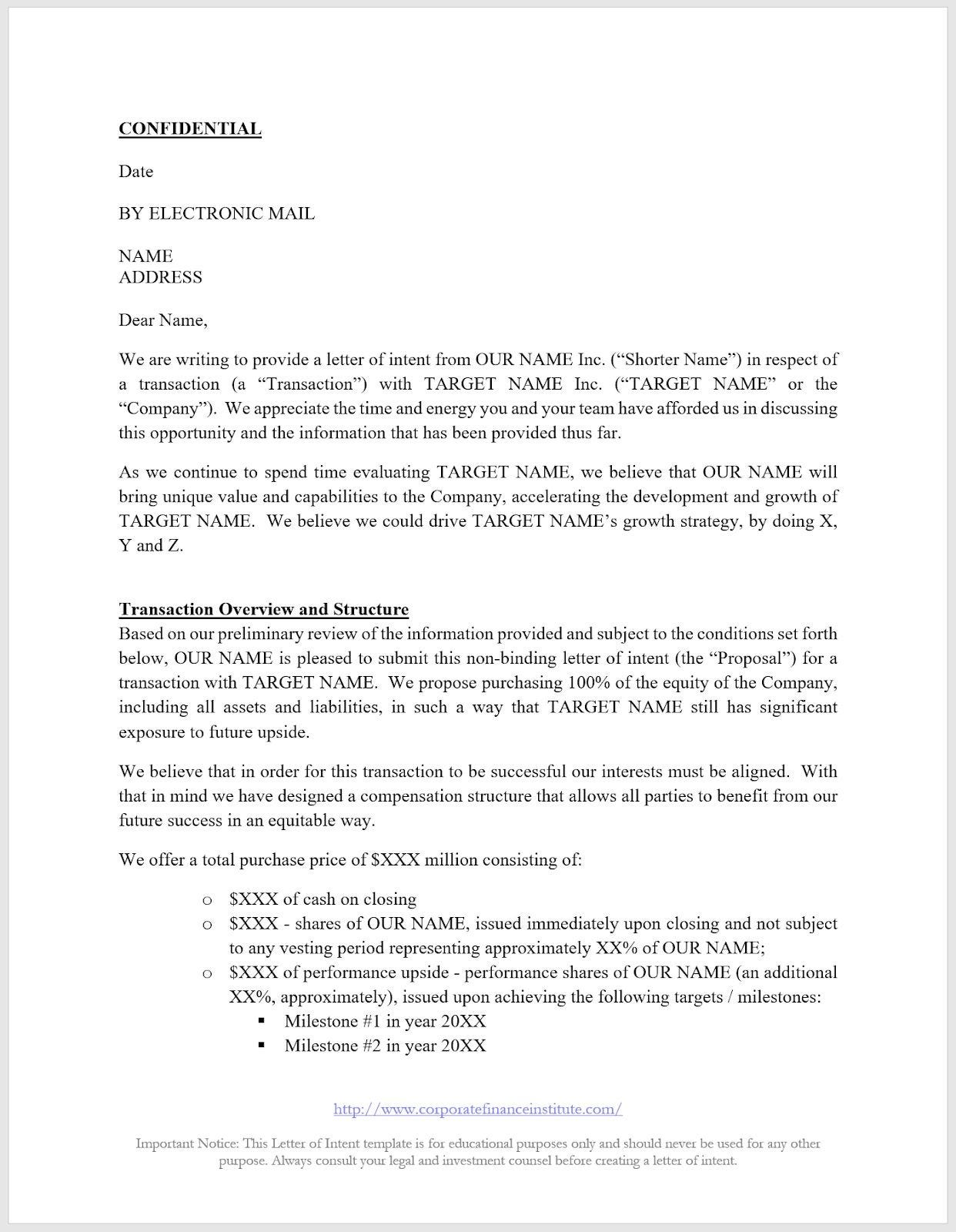 Mẫu thư ý định. Nguồn: Corporate finance institute.