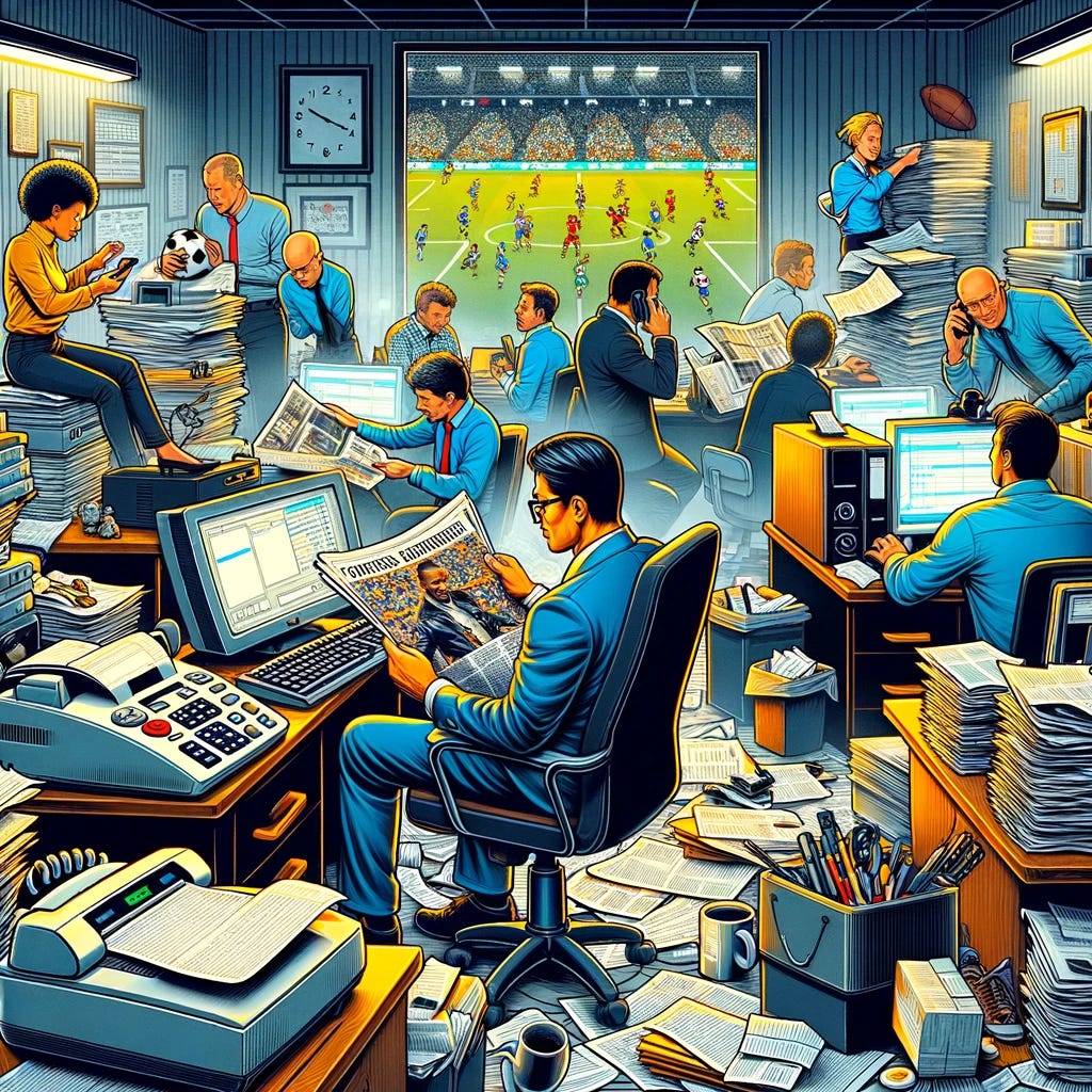 An illustration in a detailed digital art style of a hectic sports agency office. The scene is characterized by a messy environment with scattered documents, old-fashioned fax machines, and modern desktop computers. In a corner, a person of East Asian descent is intently reading a sports newspaper, oblivious to the surrounding chaos. Around them, diverse office workers (African, Caucasian, Hispanic) are busy with phone calls, using both cell phones and landlines, and working on computers. In the background, a football match is playing on a flat screen TV, adding to the dynamic and busy atmosphere.