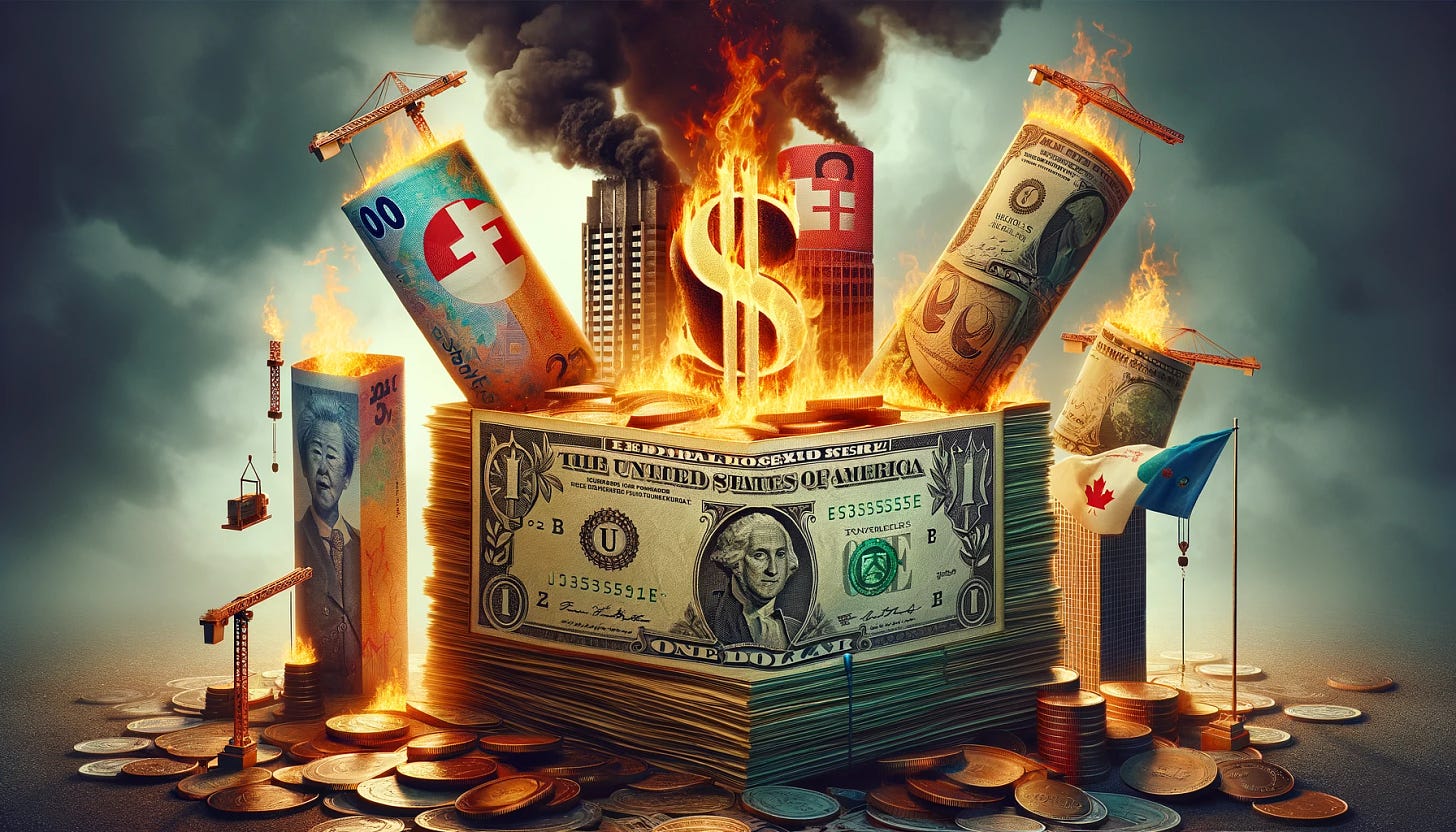 A symbolic representation of the U.S. dollar burning while other major currencies - the Japanese Yen, Swiss Franc, and Canadian Dollar - are visibly growing or constructing. The scene shows a central image of a U.S. dollar bill in flames, symbolizing its decline. Surrounding this are visual metaphors for the strengthening of other currencies: stacks of Japanese Yen, Swiss Francs, and Canadian Dollars rising upwards, construction imagery like cranes and scaffolding around these stacks, indicating growth and development. The overall tone is dramatic, emphasizing the contrast between the burning dollar and the thriving other currencies.
