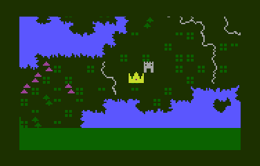 Excalibur (Atari 8-bit) screenshot: Moving on the main map. You are represented by a Crown.