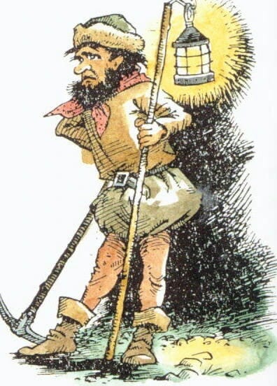 griffle the black dwarf from narnia holding a lamp and a hoe