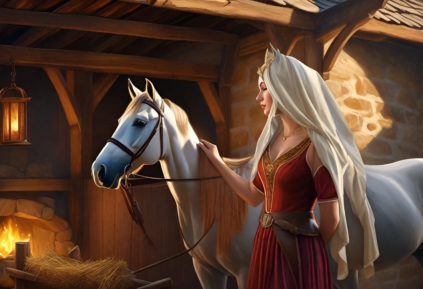 A beautiful maiden and her white mare.