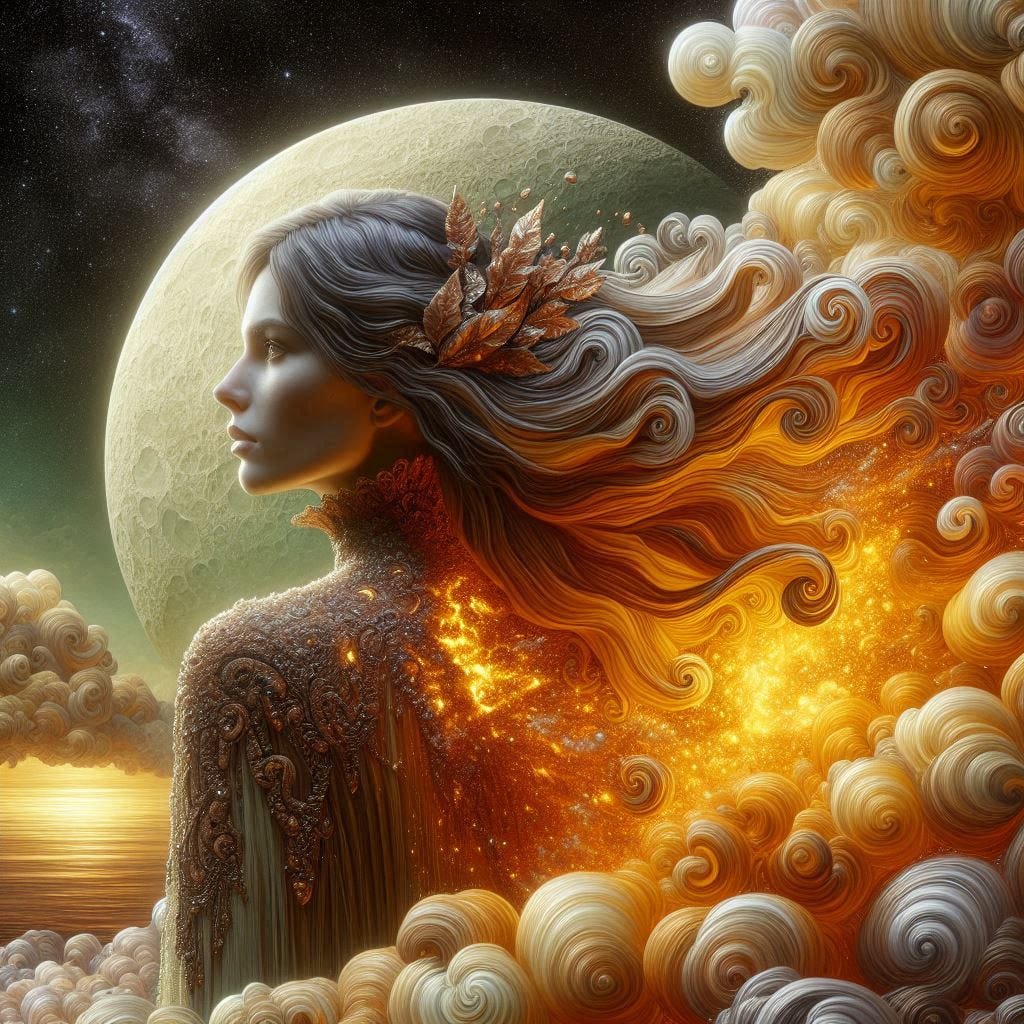  5d angle glass leaf with with a small fire in it over image of  Birchwood/rosewood middle aged  womanglows in chartreus sequence gown with brown high lace collar / her hair has lava in it / water in resin/ soft, beautiful/honey-wood and copper/ Marquetry, verdigris. mountain / fluffy cloud floating low in foreground / honey-gold-swirl/surrounded by copper leaves.REFLECTED/ Inspired by style of Jeffrey Catherine Jones /swirling clouds under moon.black starry sky / love/ bliss