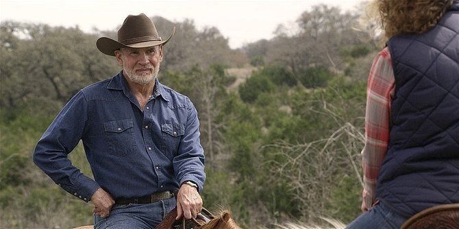 Walker Mitch Pileggi on horse talking to Abeline about Walker kids.