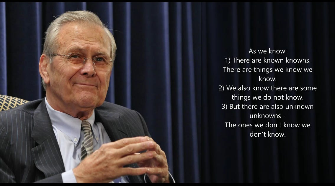 Rumsfeld's Logic of Known Knowns, Known Unknowns and Unknown Unknowns | by  Paul Austin Murphy | Paul Austin Murphy's Essays on Philosophy | Medium