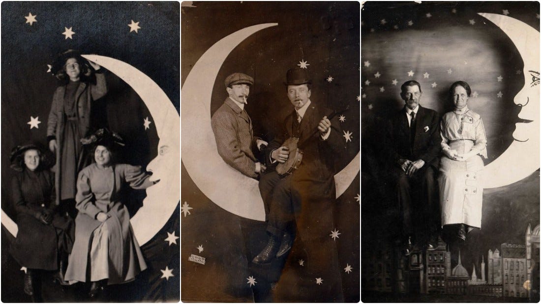 Vintage photos of people posing with paper moons.