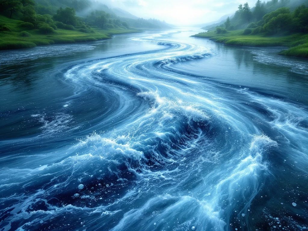 Picture of a river flowing directly into the viewer's point of view