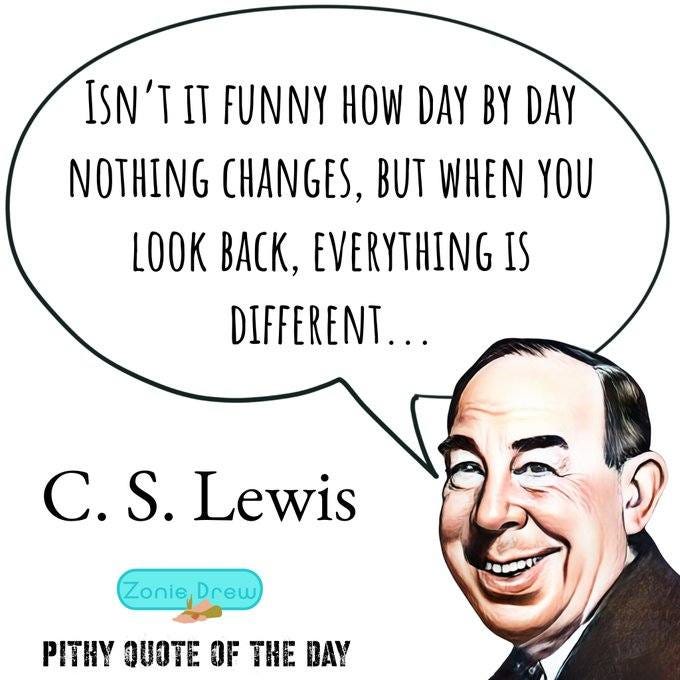 May be an image of 1 person and text that says 'ISN'TIT FUNNY HOW DAY BY DAY NOTHING CHANGES, BUT WHEN YOU LOOK BACK, EVERYTHING IS DIFFERENT... C.S.Lewis Lewis Zonie Drew PITHY QUOTE OF THE DAY'