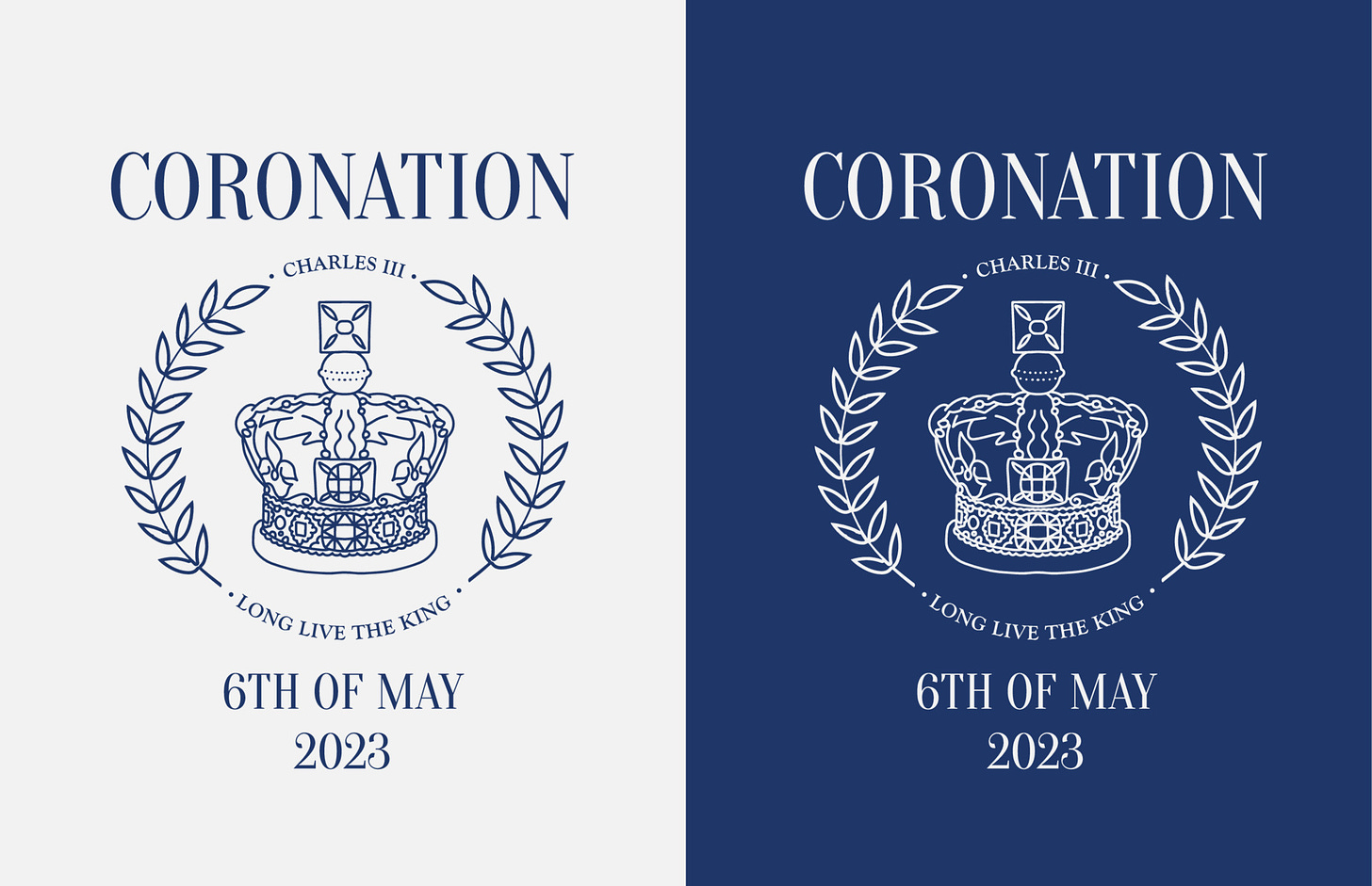 Poster for King Charles III Coronation with linear crown and laurel wreath.  Monochrome Greeting card for celebrate a coronation of Prince Charles of  Wales becomes King of England. Vector illustration. 23367511 Vector